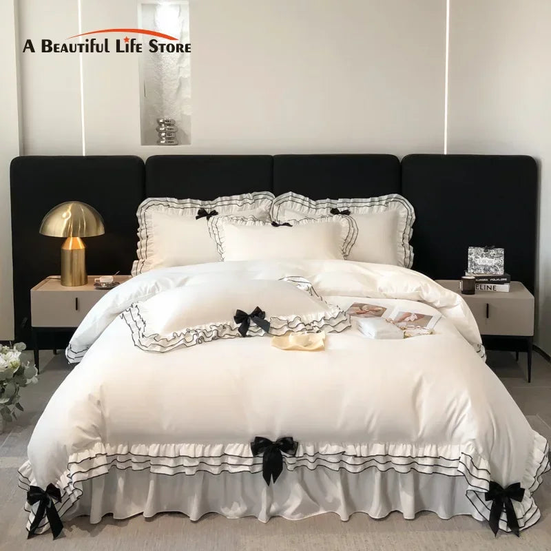 ™ Korean Lace Ruffles Bedding Set with Black Bow Accent