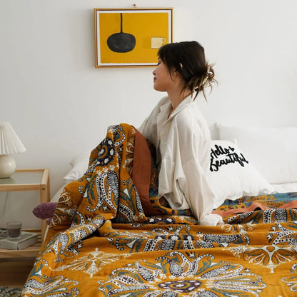 DecorBites™ Ethnic Cotton Blanket & Throw - Breathable Gauze Summer Quilt - Boho Decor Bedspread