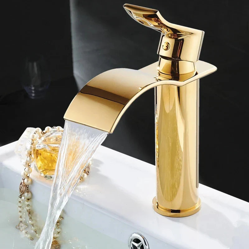 DecorBites™ Gold Waterfall Bathroom Faucet Single Handle Basin Mixer Tap Brass Sink Crane