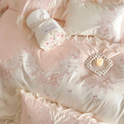 DecorBites™ French Romantic Lace Ruffles Flowers Embroidery Bedding Set in Pink & Blue Cotton