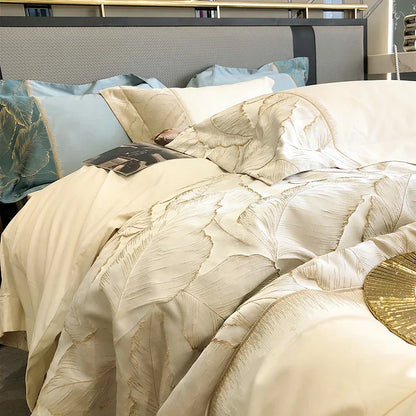 DecorBites™ Luxe Gold Leaves Satin Jacquard Embroidery 1000TC Egyptian Cotton Bedding Set