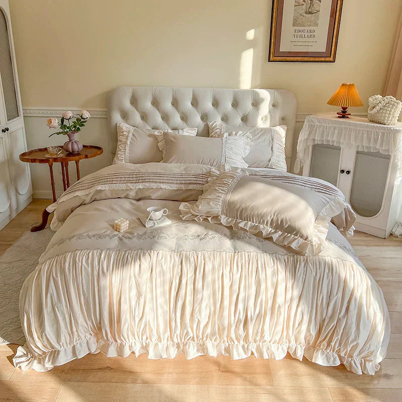 DecorBites™ French Princess Cotton Bedding Set with Flower Embroidery and Ruffle Edge
