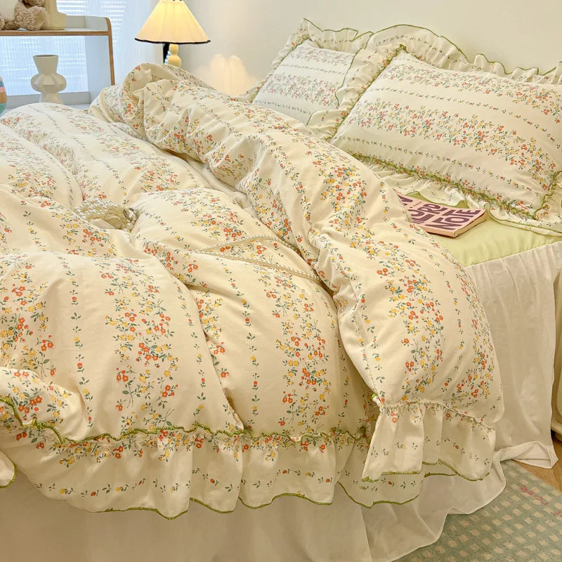 DecorBites™ Korean Princess Floral Print Bedding Set in Washed Cotton for Girls