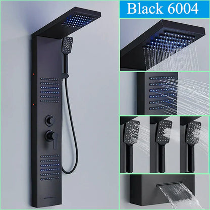 DecorBites™ Black LED Shower Faucet Panel with Waterfall Rain System & Massage Spa Spout