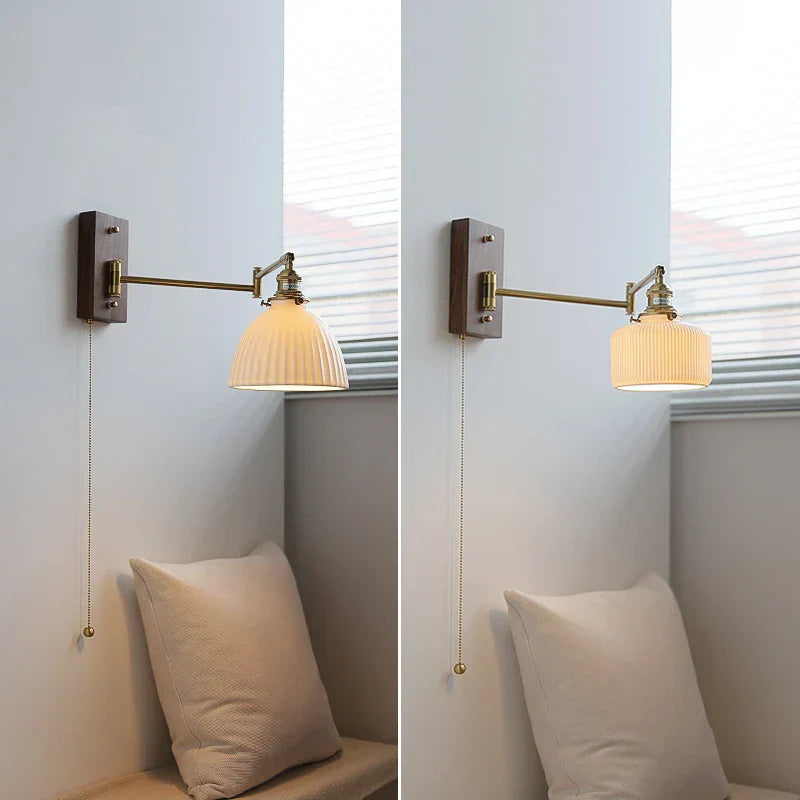 DecorBites™ Copper Arm LED Wall Sconce Switch Light, Adjustable Lampshade, Pull Chain, Beside Lamp