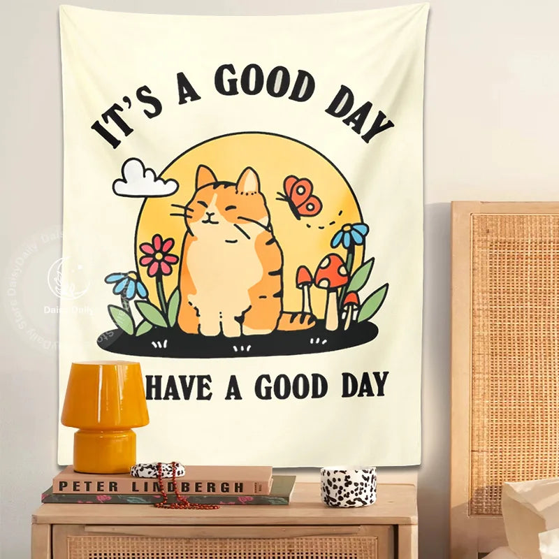 DecorBites™ Cat Tapestry: Mushroom Flower Moon Boho Decor for Living Room, Kids Room