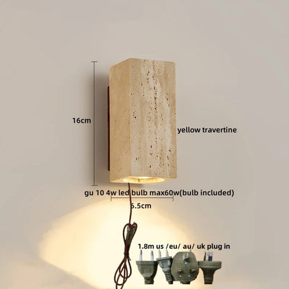 DecorBites™ LED Wall Sconce Yellow Travertine Stone Bedroom Study Cafe Wood Base Stair Light