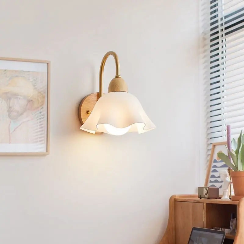 DecorBites™ Cream LED Wooden Flower Wall Lamp, Modern Bedroom Bedside Reading Light