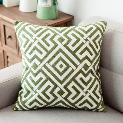 ™ Green Geometric Canvas Cotton Embroidered Cushion Cover 45x45cm