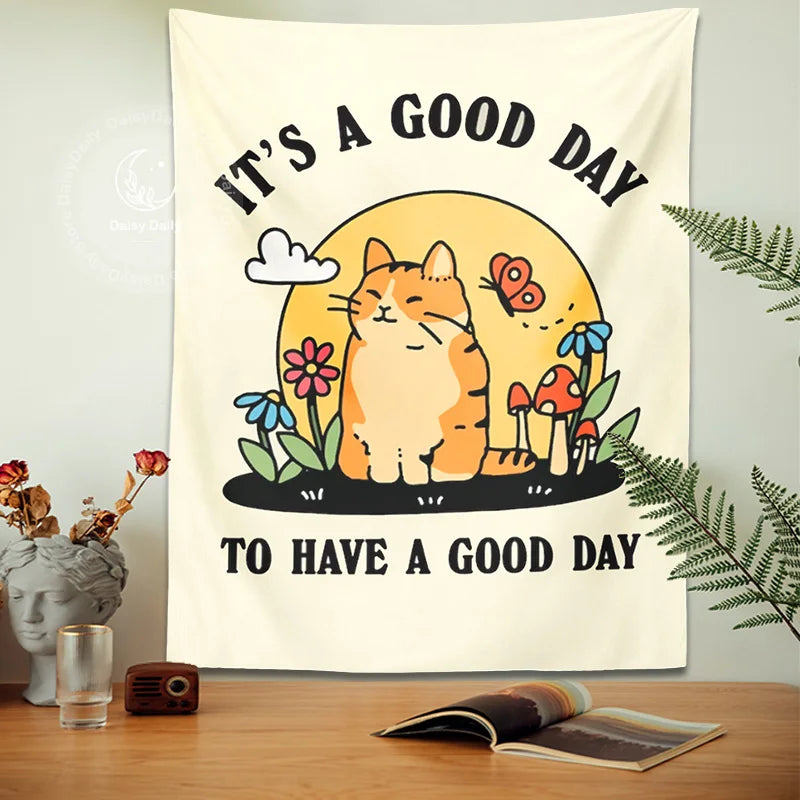 DecorBites™ Cat Tapestry: Mushroom Flower Moon Boho Decor for Living Room, Kids Room