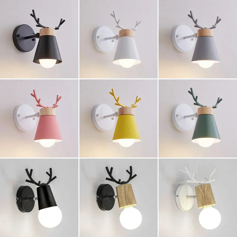 ™ LED Antlers Wall Lamp Wooden Nordic Vintage Modern Loft Bedroom Lighting E27