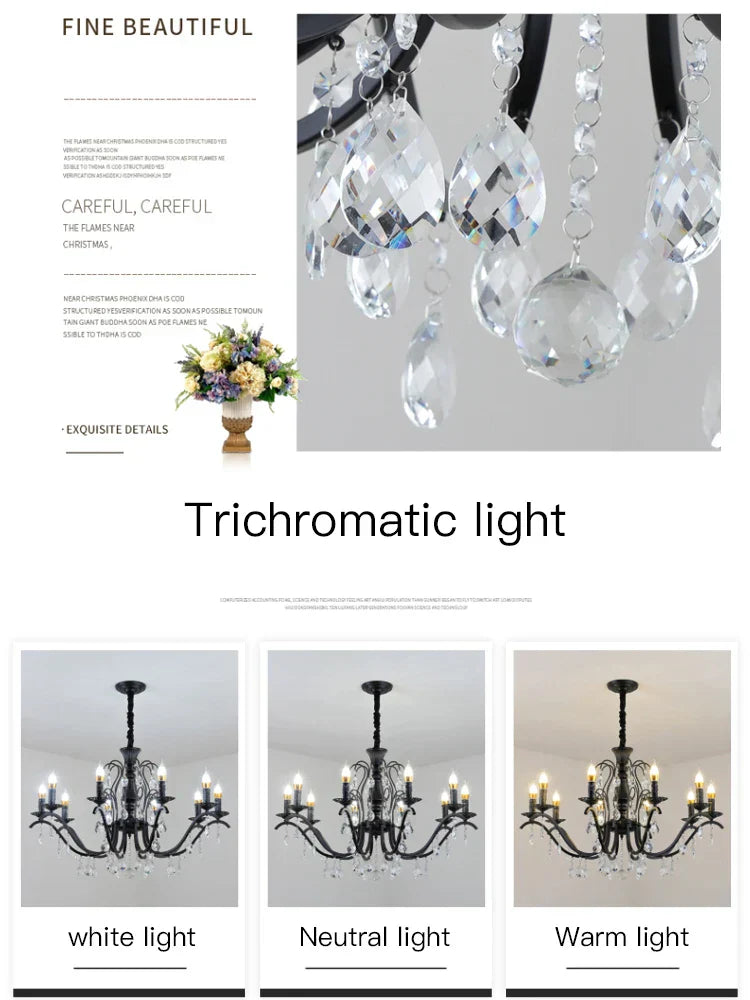DecorBites™ Black Wrought Iron Crystal Chandelier for Living & Dining Room - Elegance meets Style