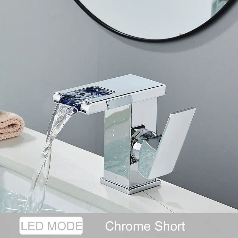 DecorBites™ LED Waterfall Basin Faucet - Color Changing, Single Handle, Deck Mounted.