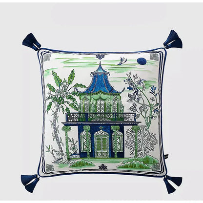 DecorBites™ Chinese City Landscape Velvet Lumbar Pillow Cover with Tassels, 30x50cm