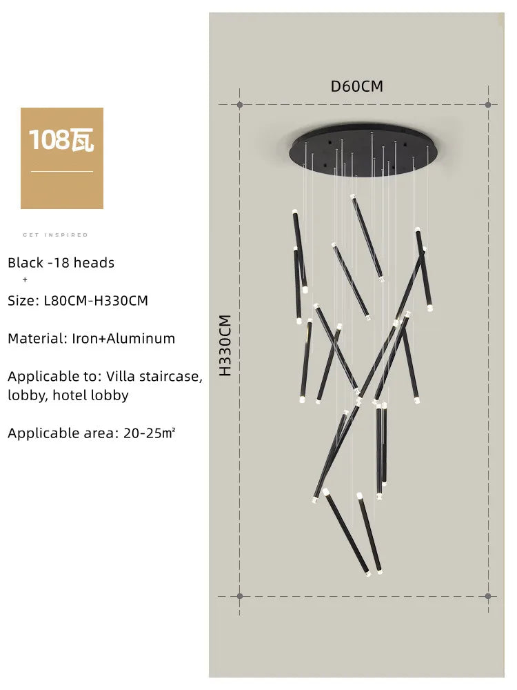 DecorBites™ Black Round Tube LED Chandelier for Duplex Loft Stair - Interior Lighting Decoration