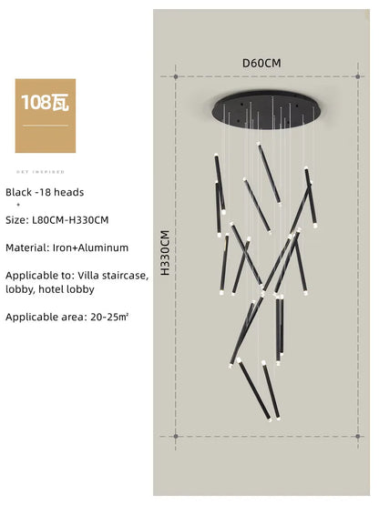 DecorBites™ Black Round Tube LED Chandelier for Duplex Loft Stair - Interior Lighting Decoration