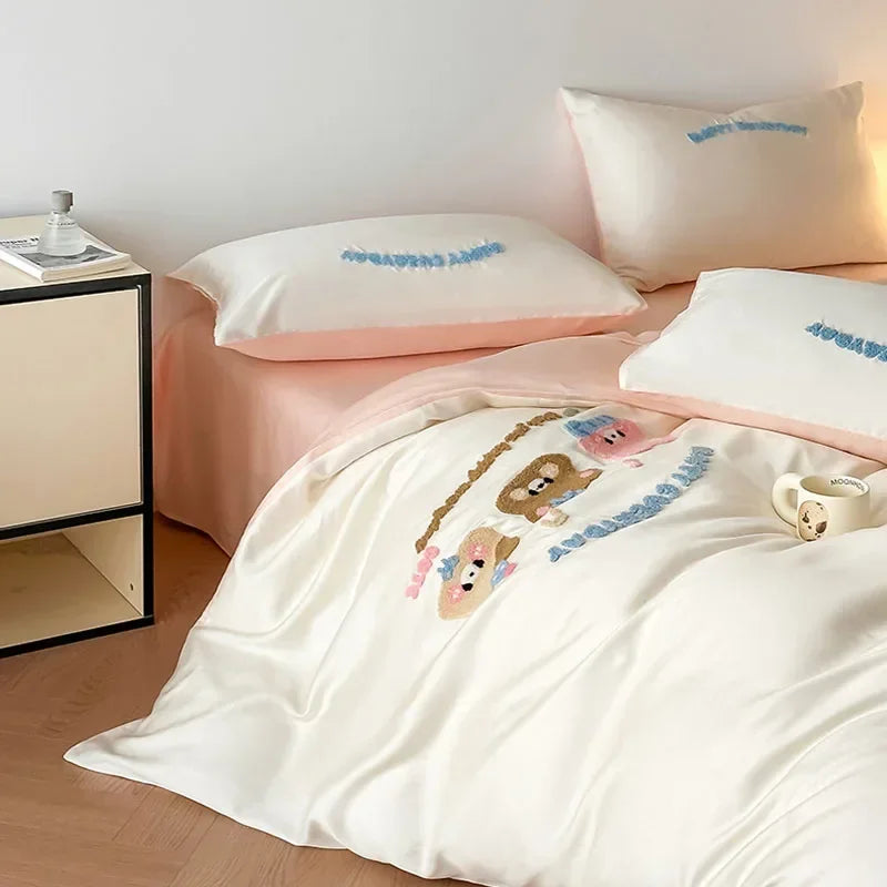 DecorBites™ Cartoon Embroidery Cotton Bedding Set - Summer Cool, Skin Friendly Flat Sheet Kit