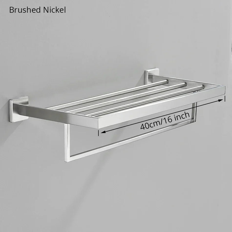 DecorBites™ Brushed Nickel Bathroom Hardware Set: Robe Hook, Towel Rail, Bar Rack, Shelf, Tissue Holder