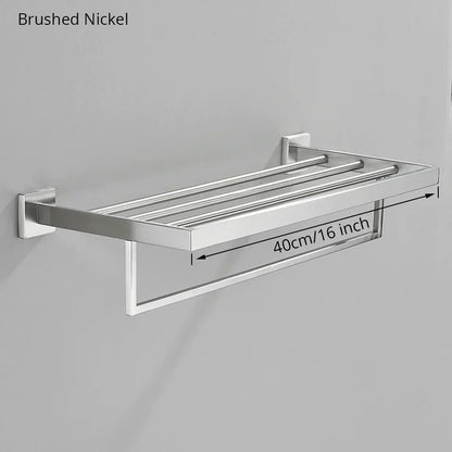 DecorBites™ Brushed Nickel Bathroom Hardware Set: Robe Hook, Towel Rail, Bar Rack, Shelf, Tissue Holder