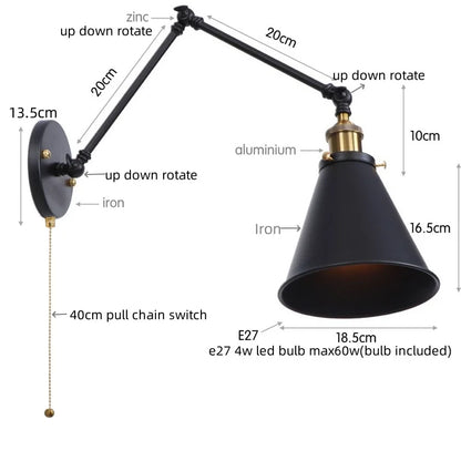 DecorBites™ LED Long Arm Wall Lamp with Pull Chain Switch for Home Hotel Bathroom
