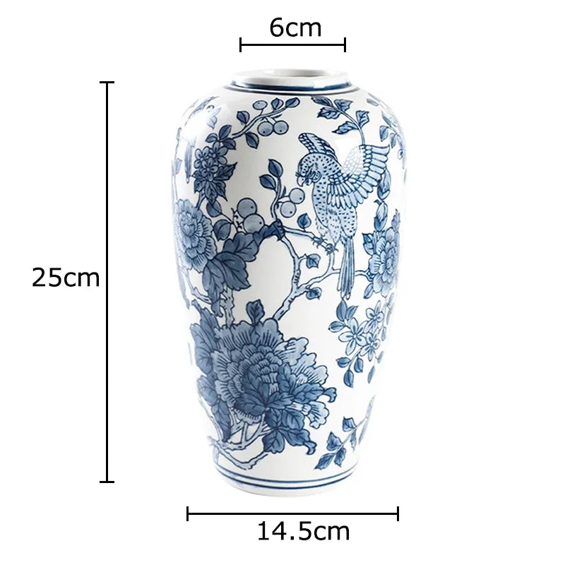 DecorBites™ Blue Porcelain Vase: Flowers and Birds Pattern Table Decor Floral Vases Room Aesthetic