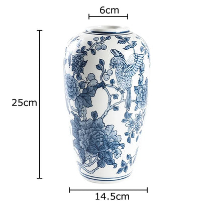 DecorBites™ Blue Porcelain Vase: Flowers and Birds Pattern Table Decor Floral Vases Room Aesthetic