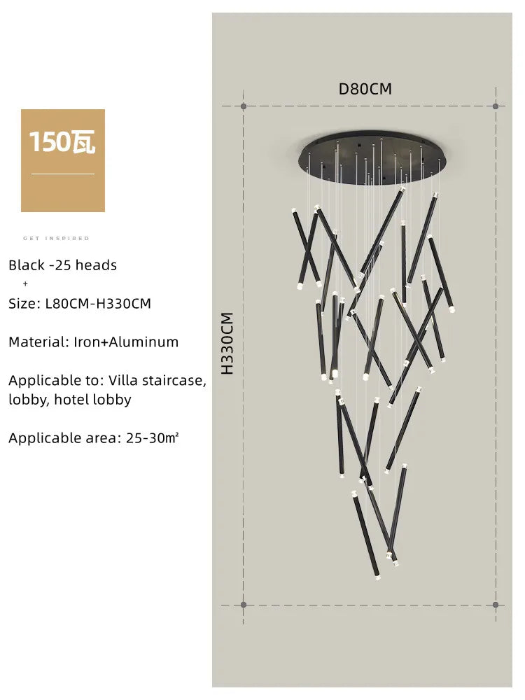 DecorBites™ Black Round Tube LED Chandelier for Duplex Loft Stair - Interior Lighting Decoration