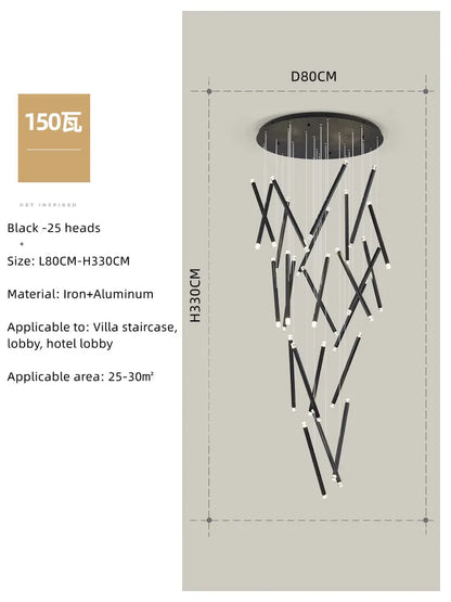 DecorBites™ Black Round Tube LED Chandelier for Duplex Loft Stair - Interior Lighting Decoration