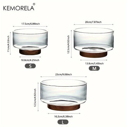 DecorBites™ Creative Glass Fruit Bowl with Wood Base - Large Salad Bowl for Snacks, Popcorn, Nuts, and More