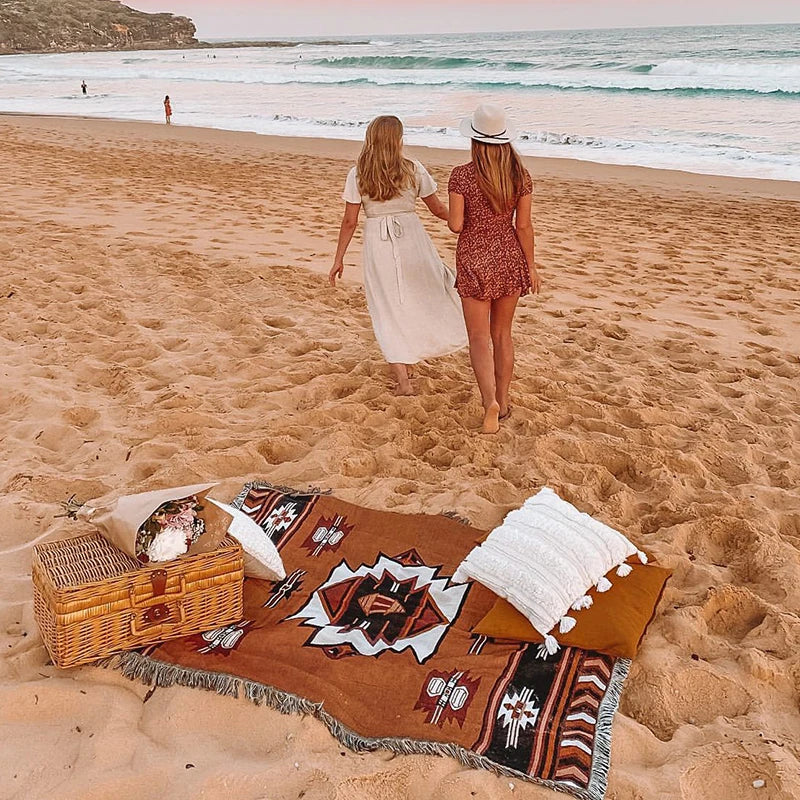 DecorBites™ Beach Blanket Sofa Cover - American Country Plaid Blanket - Cotton Tassel Throw Tapestry