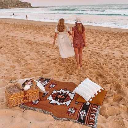 DecorBites™ Beach Blanket Sofa Cover - American Country Plaid Blanket - Cotton Tassel Throw Tapestry