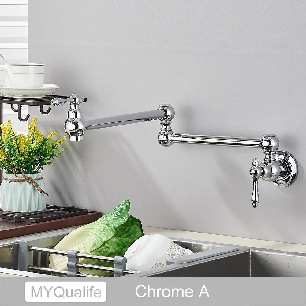 DecorBites™ Brushed Gold Brass Pot Filler Faucet with Folding Spout - Wall Mounted Kitchen Tap