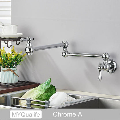 DecorBites™ Brushed Gold Brass Pot Filler Faucet with Folding Spout - Wall Mounted Kitchen Tap