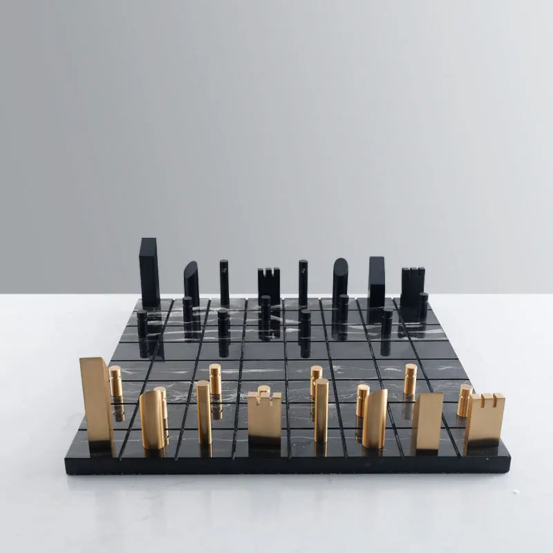 DecorBites™ Golden Metal Marble Chessboard: Geometric Square Check King Game Decor Figurines