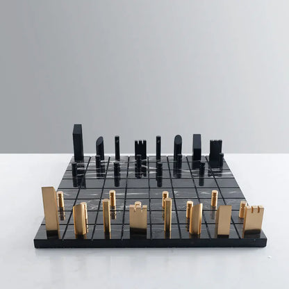 DecorBites™ Golden Metal Marble Chessboard: Geometric Square Check King Game Decor Figurines