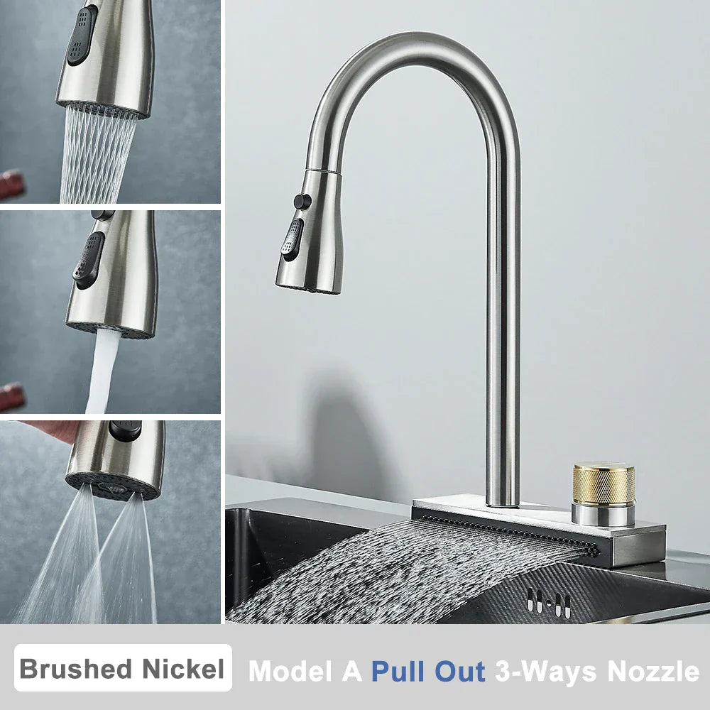 DecorBites™ Black Rainwater Kitchen Faucet Flexible Pull Out 3 Way Nozzle Mixer Tap
