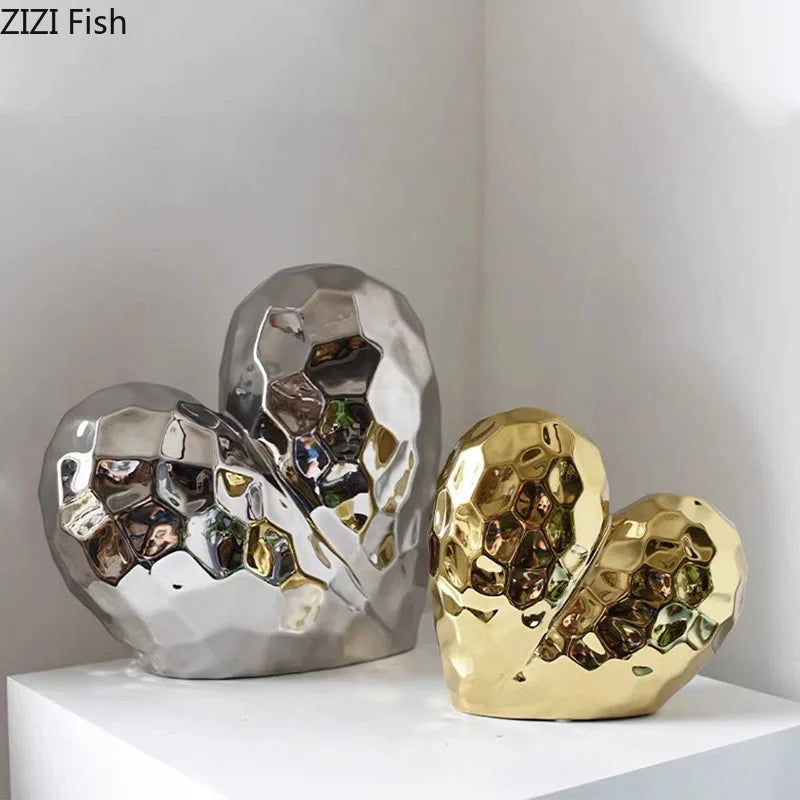 DecorBites™ Golden Heart Ceramic Statue: Minimalist Modern Home Decor Ornament