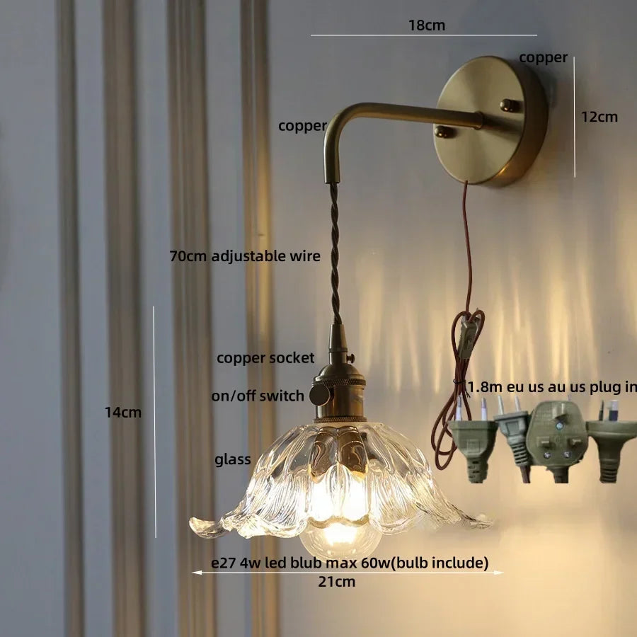 DecorBites™ Glass & Copper Green Flower LED Wall Sconce with Pull Chain