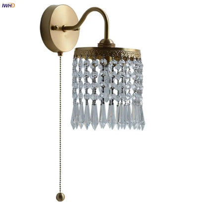 DecorBites™ Crystal LED Wall Sconce Pull Chain Switch Brass Mirror Light