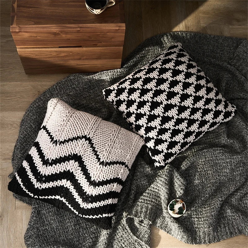 DecorBites™ Geo Knit Stripe Woven Square Pillow 45x45cm Black Ivory Insets