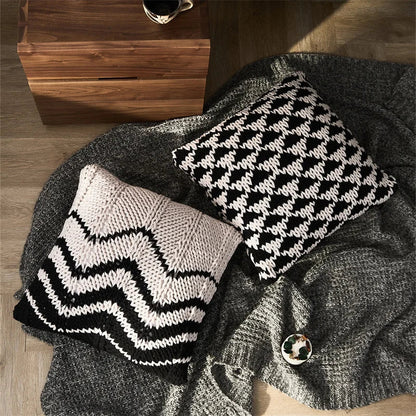 DecorBites™ Geo Knit Stripe Woven Square Pillow 45x45cm Black Ivory Insets