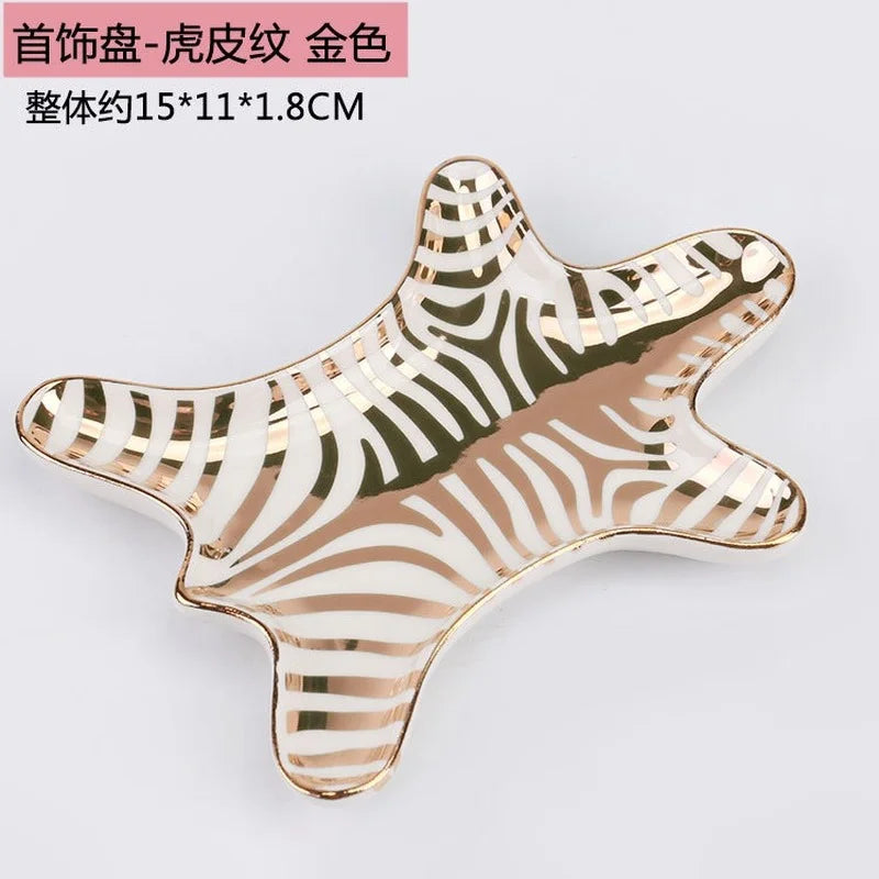 DecorBites™ Gold Tiger Skin Ceramic Plate Zebra Dish Jewelry Holder Tray