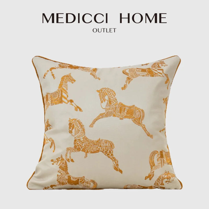 ™ Gold Faux Silk Horses Jacquard Cushion Cover, Soft Chinese Style Throw Pillow Case