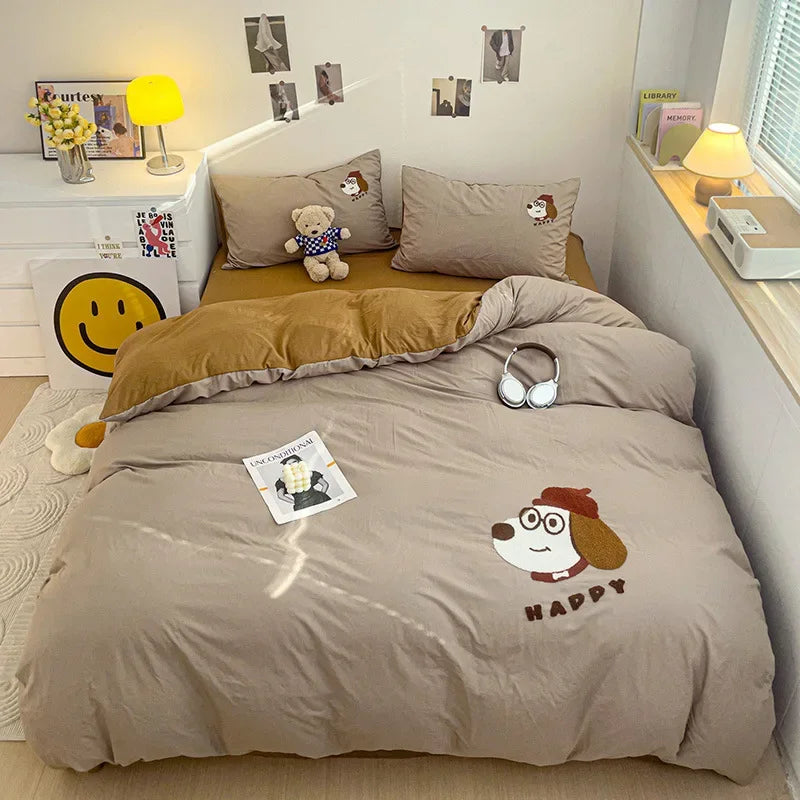 DecorBites™ Cartoon Towel Embroidery Bedding Set in Soft Washed Cotton for Kids