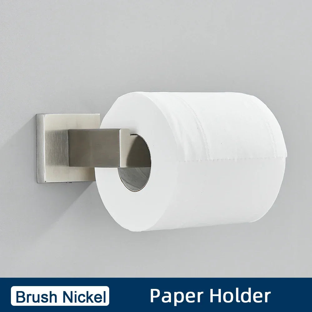 DecorBites™ Black Stainless Steel Bathroom Accessories Set: Towel Bar, Paper Holder, Hook & Bath Rack