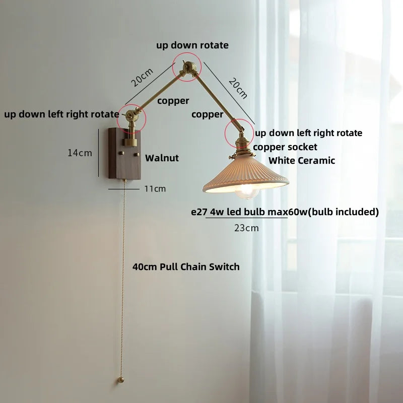DecorBites™ Ceramic Ball Brass Walnut Wood Wall Light with Pull Chain Switch