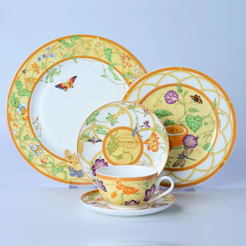 DecorBites™ Bone China Dinnerware Set: Plate, Tea Cup, Saucer, Tray, Coffeeware, Kitchen dining