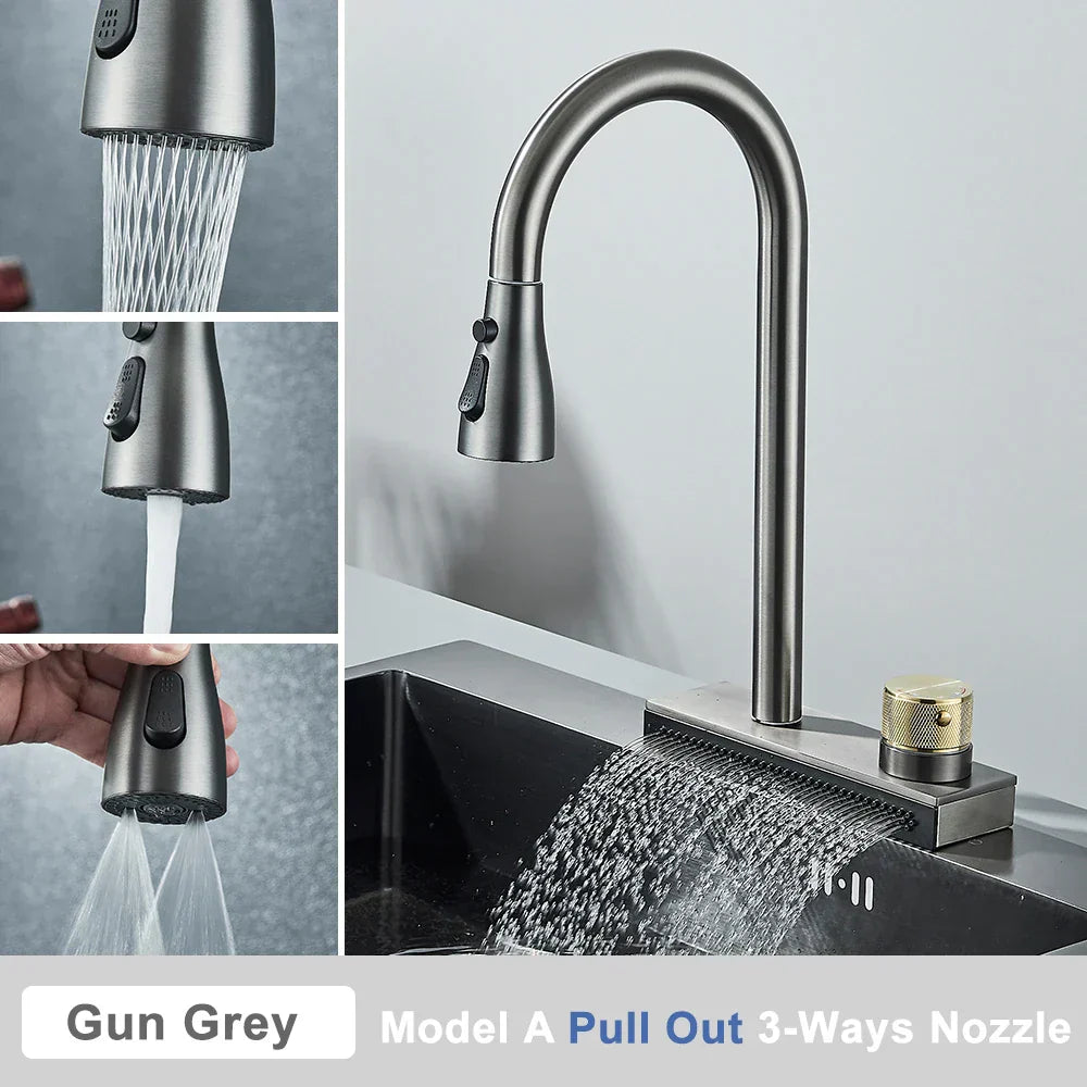 DecorBites™ Black Rainwater Kitchen Faucet Flexible Pull Out 3 Way Nozzle Mixer Tap