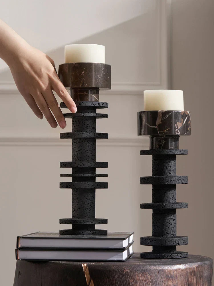 DecorBites™ Black Marble Pillar Candlestick for Elegant Table Centerpieces
