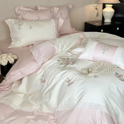 DecorBites™ Flowers Embroidery Lace Princess Bedding Set 1000TC Egyptian Cotton Duvet Cover Set